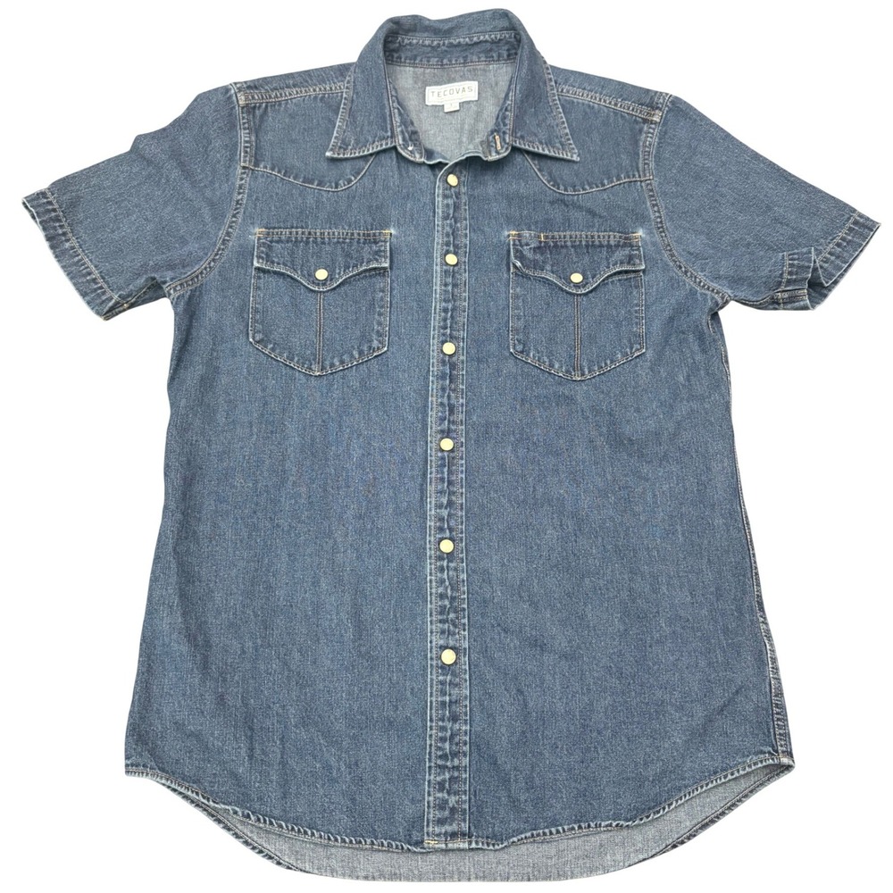 Tecovas Denim Shirt Womens Small Western Pearl Snap Short Sleeve Blue Rodeo